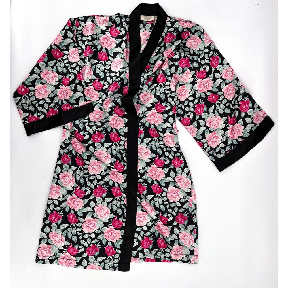 Victorias Secret Robe Womens Medium Gold Label Floral Open 3/4 Sleeve Polyester